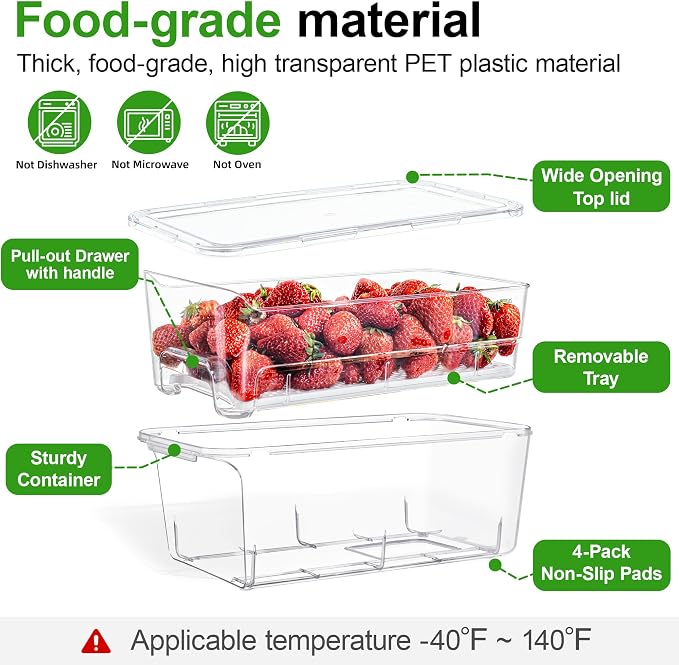 Fruit Storage Containers for Fridge with Pull-Out Organizer Bins, 4 pack | Stackable Pull-Out Drawers with Lids & Drain Trays, Large 5.22Qt, Keep Fruit Berry Veggie Salad Fresh Longer for Refrigerator