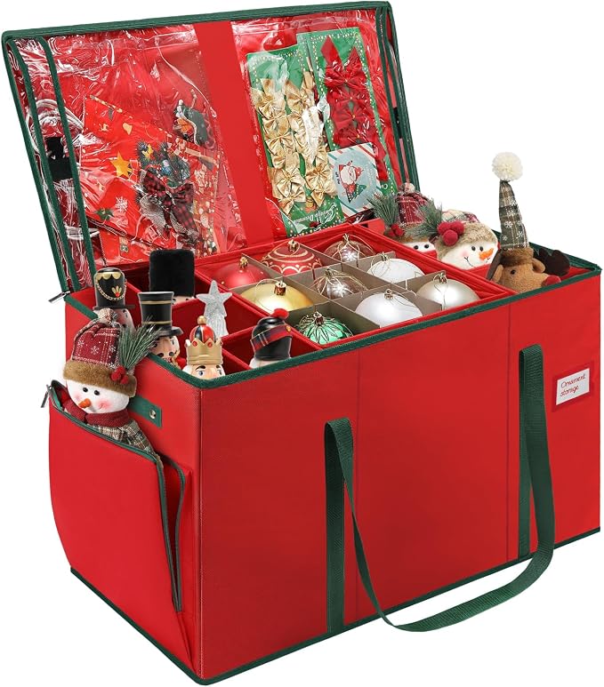 2-in-1 Christmas Ornament Storage Box Keeps 64-3"/36-4" Holiday Ornaments | Xmas Figurine Organizer Container,4 Separate Trays , Adjustable Extent Area for Figurines and Pockets for Holiday Décor