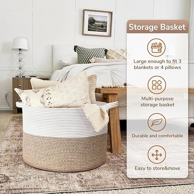 Goodpick Large Woven Basket for Blankets Fit Nursery & Living Room, 85L | 21.7 x 21.7 x 13.8 In Storage Basket for Toys Shoes, Cute Baby Laundry Hamper for Towels, Clothes, Light Brown