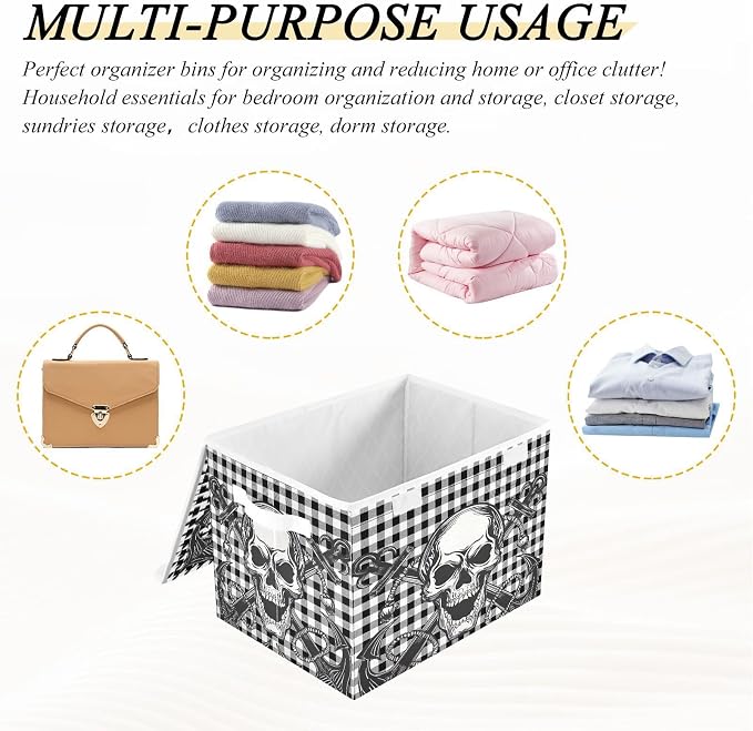 Fabric Storage Bins with Lid Gothic Skull Closet Bedroom 40L Fabric Bin | Decorative Storage Boxes, 300D Oxford Cloth, Hollow Board Frame, Flip Top Velcro Lid, 16.5x12.6x11.8 inch, Collapsible Design