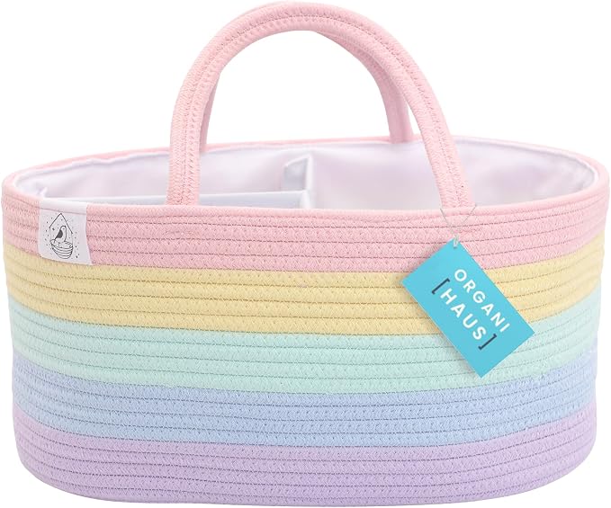 OrganiHaus Pastel Rainbow Rope Diaper Caddy Organizer, Nursery Basket | Woven handles; a toy bin, laundry bin, or newborn essentials storage; great for car, baby shower gifts, or bedroom decor