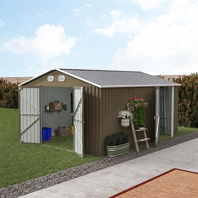 10x12 FT Metal Storage Shed, Large Storage Shed with Lockable Doors and Sloped Roof, Outdoor Tool Shed with Ample Ventilation for Garden, Lawn, Backyard, Coffee