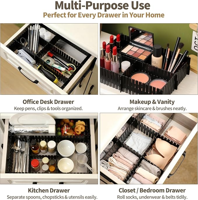 Adjustable Drawer Dividers, Cut-to-Fit DIY Organizers, Black 32 Pack | For Tidying Cutlery, Makeup, Clothes and Dresses in Drawers, Desks and Storage Boxes for Kitchen, Bathroom, Bedroom & Office