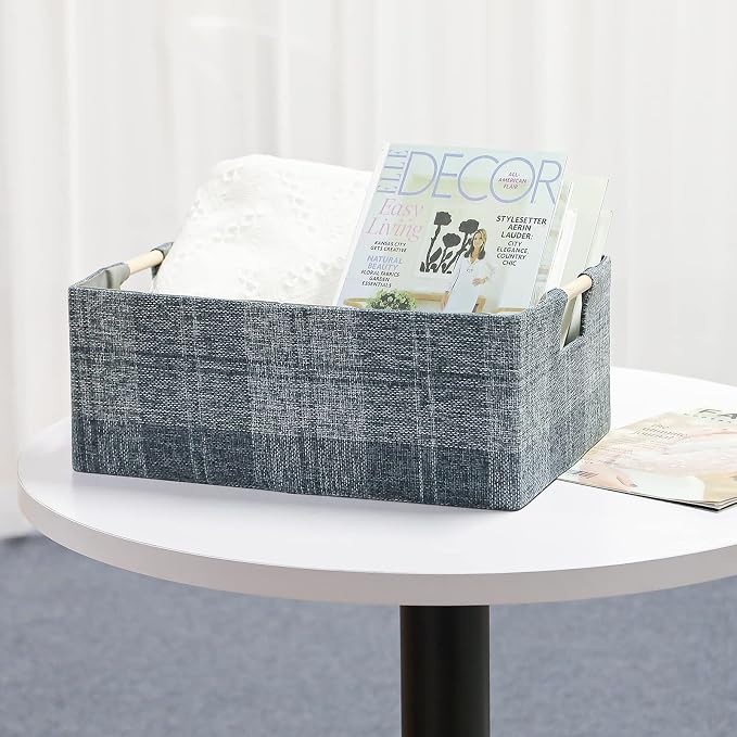 Fabric Storage Box, 13x9in Foldable Cotton Linen Basket with Wooden Handle | Small Rectangular Cube Decorative Home Laundry Organizer Clothes Blanket Container Organizing Clothes Sheet, Dark Gray Plaid