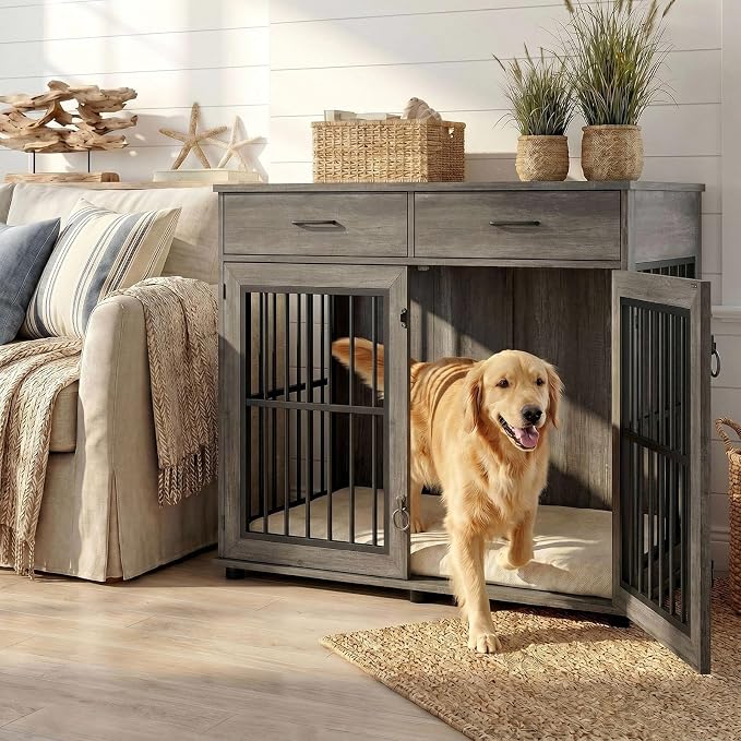 VOWNER 43.3" Large Dog Crate Furniture with 2 Drawers, Grey | Wooden Dog Kennel Furniture End Table with 3 Doors, XL Dog Kennel Indoor with Storage, Dog Cage TV Stand for Large Medium Dog