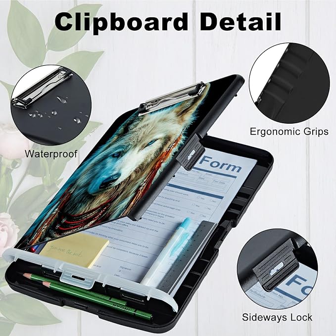 A4 Clipboard with Storage Pen Holder, Clipboards Organizer Nursing Clipboard Foldable File Folder Plastic Clipboard Folio Clip Board for Office Work Classroom Doctor, White Wolf Feathers