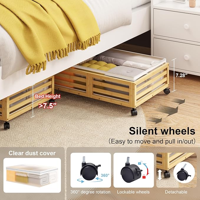 Under Bed Storage with Wheels, 2 Pack Bamboo Drawers for Shoes and Clothes | Fitted dustproof bags, stackable design, smooth pullout access for bedding, blankets, toys and seasonal essentials
