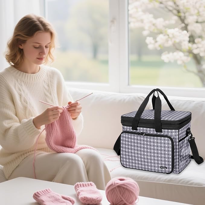 Teamoy Crochet Bag Knitting Bag Yarn Storage Tote, Yarn Organizer, Gray Dot | Yarn Holder for Crocheting, with Inner Divider and Cover, for Yarn Skeins, Project, Knitting Needles, and Crochet Supplies