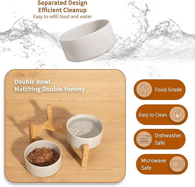 Elevated Ceramic Dog Bowl Set - Raised Dog Bowls with Non-Slip Bamboo Stand - Dog Food and Water Bowl Set - Double Dog Feeding Bowls - Suitable for Small and Medium Dogs - 3.6 Cups