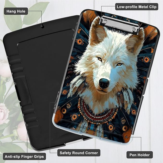 A4 Clipboard with Storage Pen Holder, Clipboards Organizer Nursing Clipboard Foldable File Folder Plastic Clipboard Folio Clip Board for Office Work Classroom Doctor, Feathers White Wolf