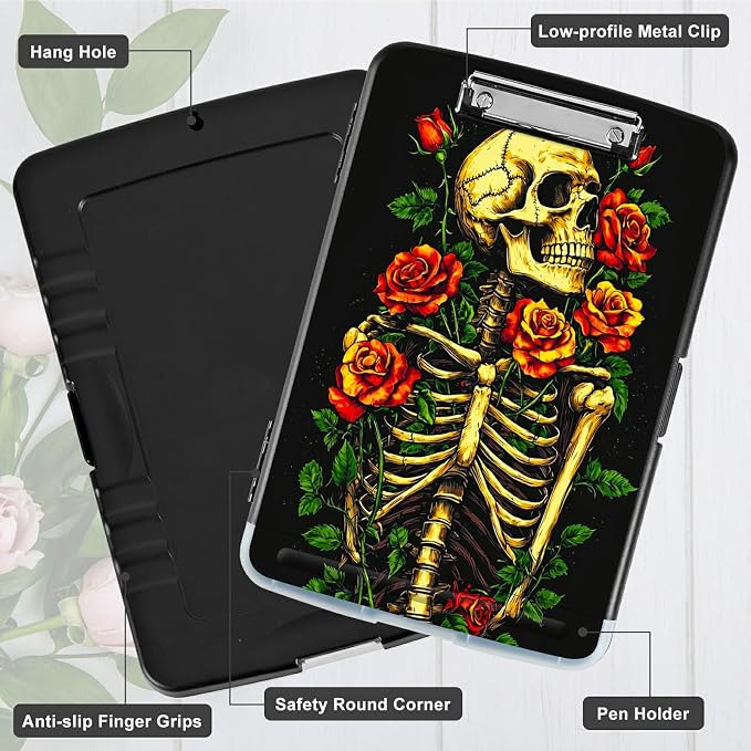 Skull Red Rose A4 Clipboard with Storage Pen Holder, Clipboards Organizer Nursing Clipboard Foldable File Folder Plastic Clipboard Folio Clip Board for Office Students Classroom Doctor
