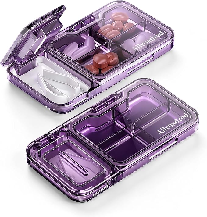 2-in-1 Pill Cutter and Splitter with Pill Organizer, Airtight Moisture-Proof Pill Case, Stainless Steel Blade for Tablets, Vitamins & Supplements, Travel Pill Case (Deep Purple)