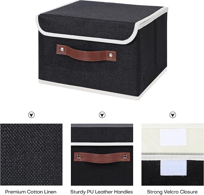 ANMINY Fabric Storage Box Bins with Lids, Black, 15"x10"x10", 2 Pack | Keepsake Memory Storage, Cotton Linen, PP Board Reinforced, Washable, PU Handles, Foldable & Stackable, Decorative, Large