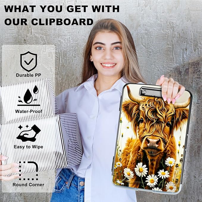 Flower Yellow Cow A4 Clipboard with Storage Pen Holder, Clipboards Organizer Nursing Clipboard Foldable File Folder Plastic Clipboard Folio Clip Board for Office Students Classroom Doctor