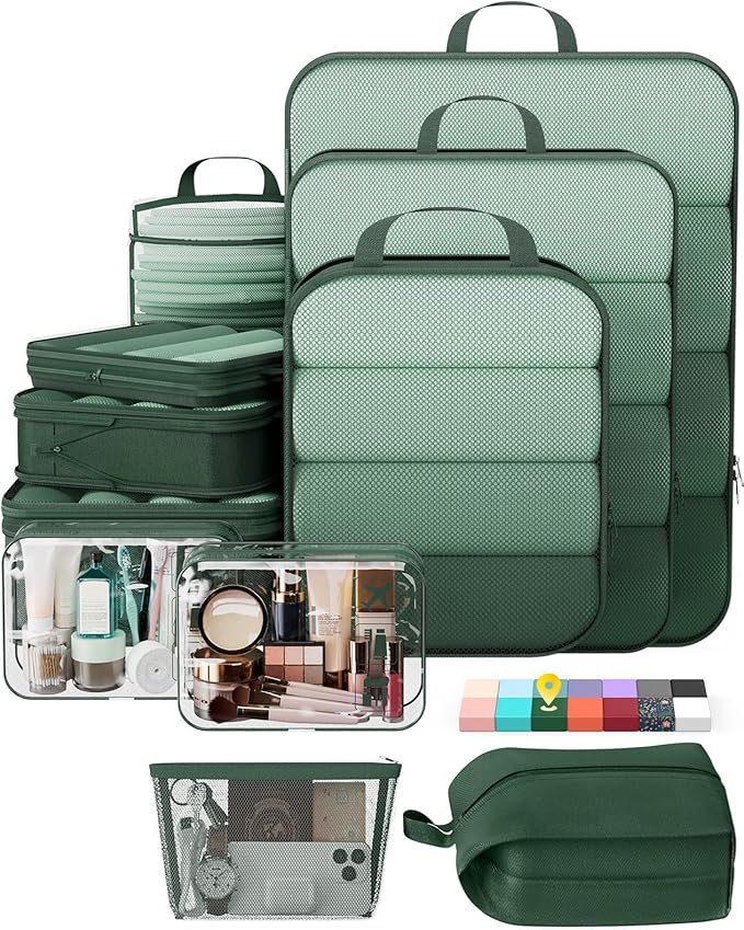 Veken 11 Set Compression Packing Cubes Garment Bags for Travel Essentials,Compressible Expandable Luggage Organizer Bags for Clothing,Space Saver Bags with Over 1000 pcs of Mesh Holes(Dark Green)