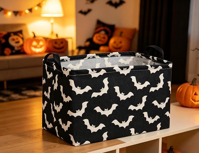 Essme Rectangular Bat Basket,Kids Storage Bins Organizer with Handles for Halloween Room Decor, Gift Basket,Shelf Basket.(Black bat)