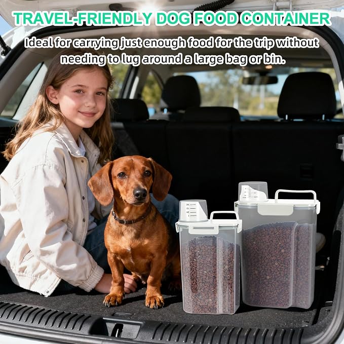 TBMax Small Dog Cat Food Storage Containers 2 Pack, Travel-Friendly Pet Food Container with Spout & Measuring Cup, Kid-Friendly Pet Feeding Dispenser, Portable Dog Treat Bird Seed Container -Beige