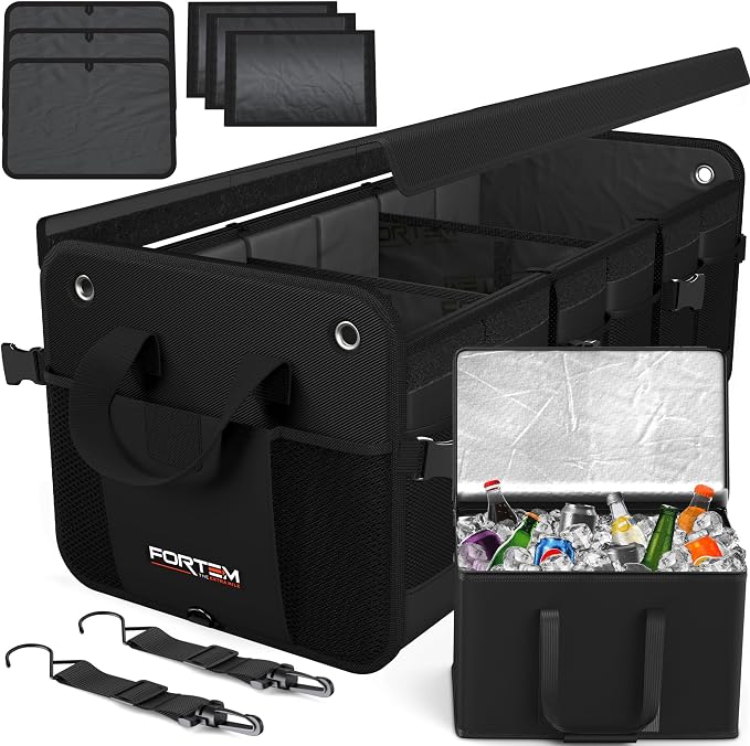 FORTEM Trunk Organizer - Collapsible Car Organizer & Storage Bag for SUVs | Car Accessories for Men & Women, Cooler Bag, Non Slip Bottom, Straps, Soft Cover, 1680D Oxford, 6 Compartments, Black, 110L