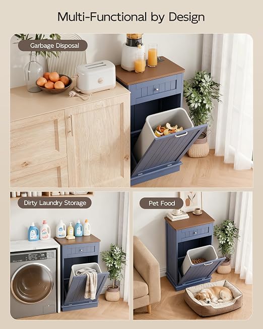 Betterhood Single Tilt Out Trash Cabinet with Power Outlet, Wooden Hidden Garbage Can Holder with a Big Storage Drawers for Kitchen, Living Room, Laundry, Blue