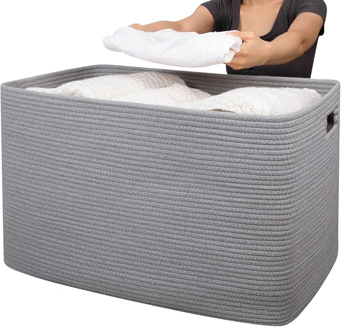 OIAHOMY 118L XXXLarge Rope Storage Basket, Oversized Blanket Basket Grey | 25" x 17" x 16" Used for Organizing Dirty Clothes in Living Room, Bedroom, Nursery, Extra Large Basket,Dog Toy Storage Bins