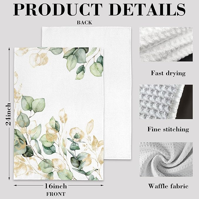 Watercolor Gold Eucalyptus Sage Hand Towels,Set of 2 Absorbent Bath Towel Kitchen Dish Towel Home Gym Hotel Bathroom Decor,16x24 Inches