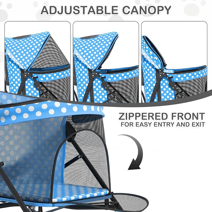MoNiBloom Pet Stroller for Small/Medium Dogs and Cats, Sky Blue Polka Dots | Foladble 4 Wheels Easy-Fold Puppy Cage Jogger Stroller with Sun Cover, Pad and Rear Storage Bag, Breathable and Visible Mesh