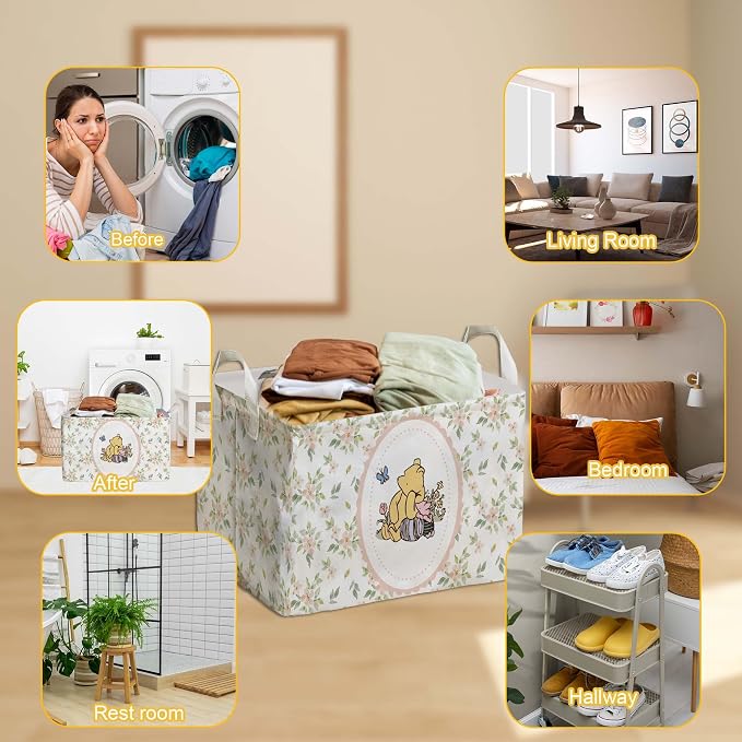 Winnie Nursery Storage Basket With A Waterproof PE Coating,The Pooh Nursery Baby Stuff Storage Baskets Suitable For Bathroom and Bedroom, Foldable Large Canvas Laundry Hamper