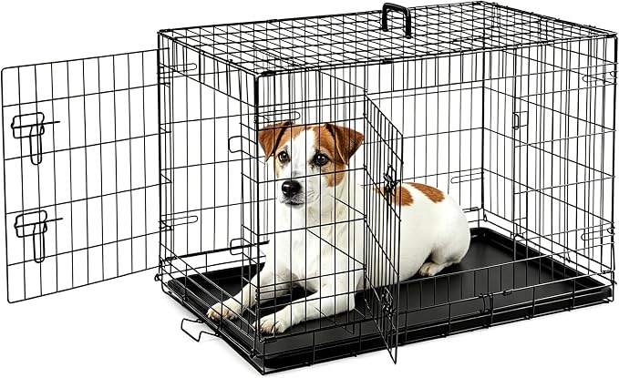 Sweetcrispy 36 Inch Dog Crate, Medium Dog Cage, Foldable Puppy Pet Kennel | Double Door, Metal Kennel, Secure Lock, Removable Tray, Indoor Outdoor Training Travel