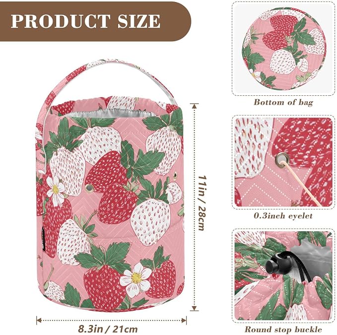 Tatenale Crochet Bag Yarn Bag Knitting Project Bag with Pockets and Handle Portable Yarn Storage Organizer Tangle Free 8.3x11 InchPink White Strawberries Flowers25