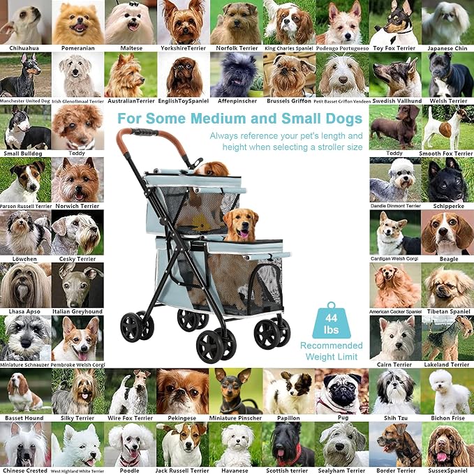 Double Pet Stroller for 2 Dogs & Cats, Double-Decker, Blue | One-Hand Fold Two-Tier Stroller with Separate Cabins, 44 lb Capacity, 4 Tethers, Locking Front Wheels and Rear Brakes
