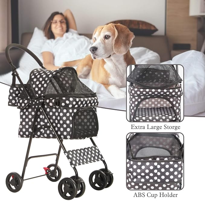 Folding Dog Stroller Travel Cage Stroller for Pet Cat Kitten Puppy Carriages - Large 4 Wheels Elite Jogger - Single or Multiple Pets (Black - 1 cage)