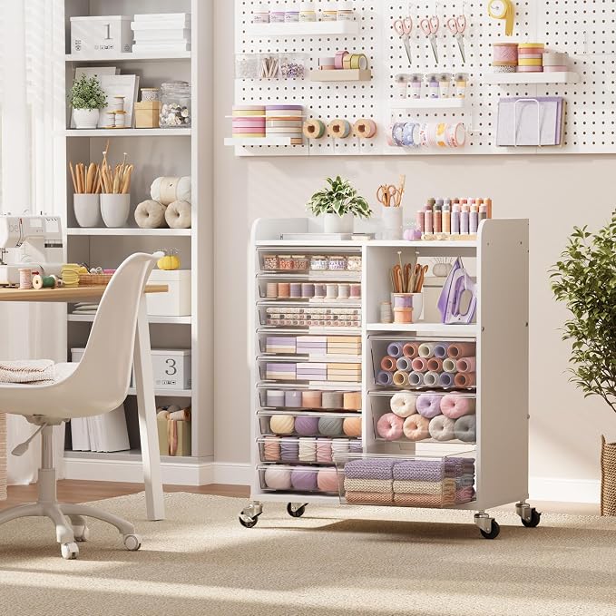 12-Drawer Storage Cabinet with Wooden Top and Open Shelf, White | Storage Furniture System with PET Clear Drawers, Lockable Wheels, for Craft Room, Makeup Vanity, Kids & Home Organization