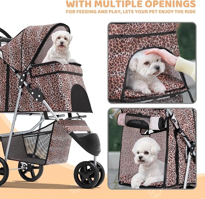 Magshion 3-Wheel Pet Stroller for Small/Medium Dogs & Cats, Up to 33lbs | Foldable Travel Jogger w/ Breathable Mesh Cover, Lightweight Design, Safety Tethers, Cup Holder & Storage Basket