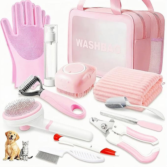 12PCS Dog Bath Kit & Dog Brush Kit - Professional Pet Grooming Tools Set for Dogs & Cats, Includes Shedding Brush, Bath Scrubber & Dematting Combs - Complete Dog Washing Essentials Pink