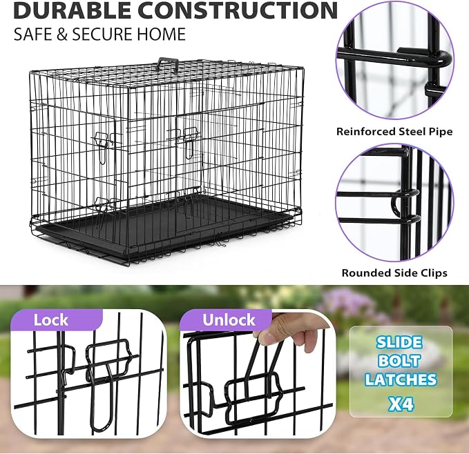 BestPet | Dog Crate | 30" | Black | Foldable Metal Kennel with Double Doors | Secure Slide-Bolt Latches, Leakproof Tray | Portable Dog Cage for Small Breeds | for Travel, Indoor & Outdoor Use