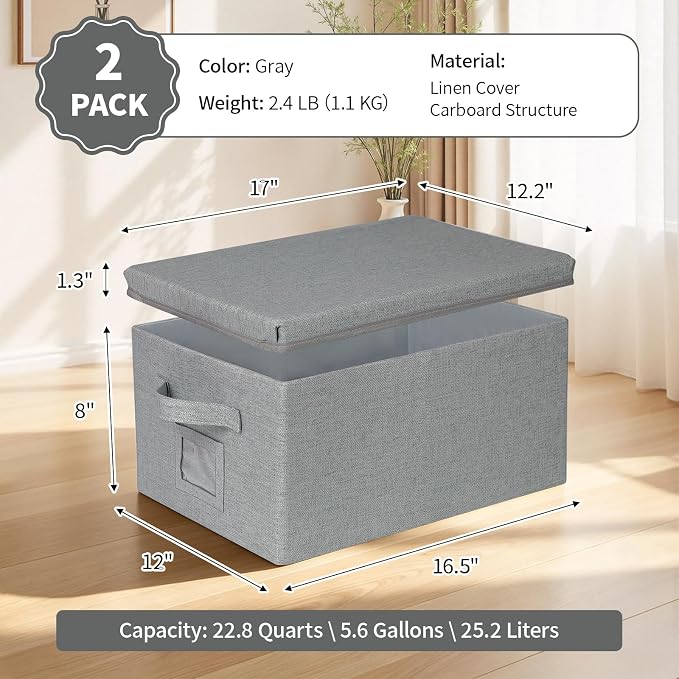 Storage Bins With Lids Closet Organizer Cabinet Box For Clothes,Toys,Shelf | 2 Pack, 17"X 12"X 2", Collapsible, Stackable, Dustproof, Built-In Handle, Label Slot, Linen Fabric, Cardboards, Grey
