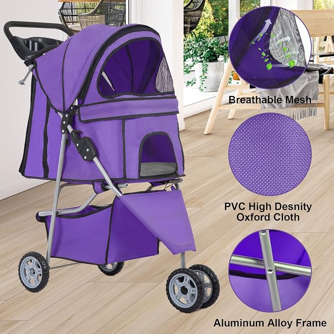 BLKMTY Dog Stroller, Folding Dog Stroller for Medium Dogs Cats, 3 Wheels Pet Cat Strollers Travel Carrier Strolling Cart for Puppy Jogger Strollers with Cup Holder & Storage Basket, Purple