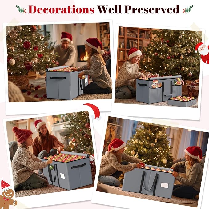 Keten Large Christmas Ornament Storage Boxes with Adjustable Dividers | Stores up to 128 Holiday Ornaments 3-Inch, 8 Individual Trays with Handles,48 Dividers, Zippered Lid, 600D Oxford (Grey)