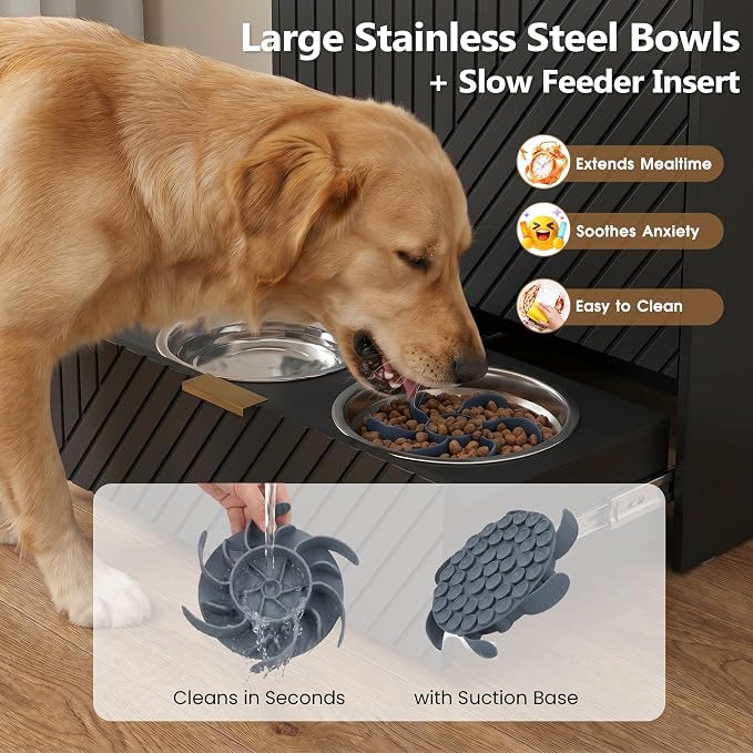 Dog Feeding Station Cabinet, Elevated Feeder Bowl, Black, Classic Panel | Slow Feeder Insert, Large food bin, Removable Divider, 3 Side Hooks, Pull-Out Drawer, Easy to Clean for Small & Middle Dogs