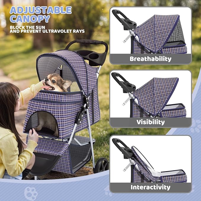 Magshion 3-Wheel Pet Stroller for Small/Medium Dogs & Cats, Up to 33lbs | Foldable Travel Jogger w/ Breathable Mesh Cover, Lightweight Design, Safety Tethers, Cup Holder & Storage Basket