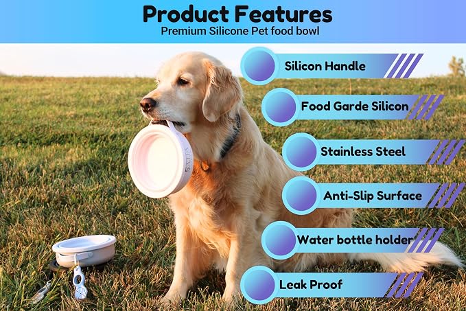 Blue Collapsible Travel Dog Bowl – BPA-Free Silicone & 18/8 Stainless Steel, Portable Non-Slip Food & Water Bowl with Handle, Bottle/Poop Bag Holder – Claim Your