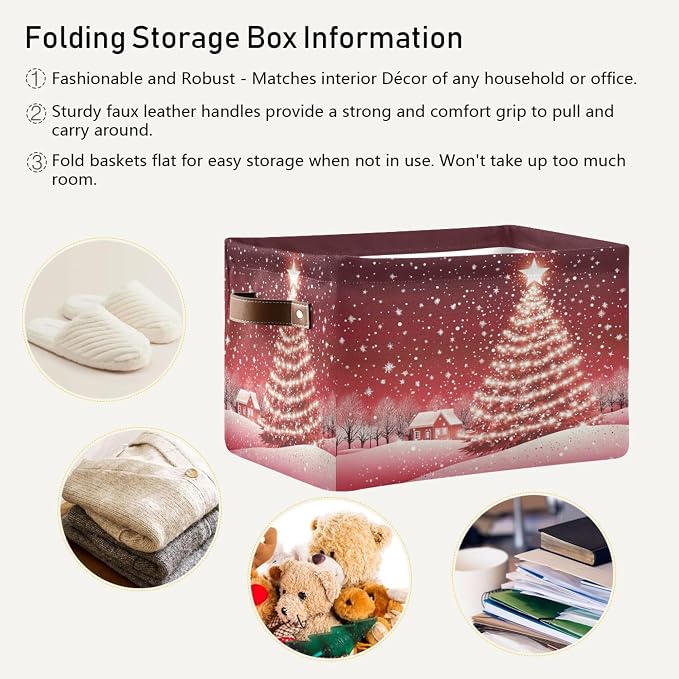 Christmas Tree Red Storage Basket with Waterproof Liner and PU Handles Xmas Winter Snow Scene Storage Bins Boxes 14.2" Collapsible Decorative Organizer Baskets for Bedroom Closet Office 2 Pack