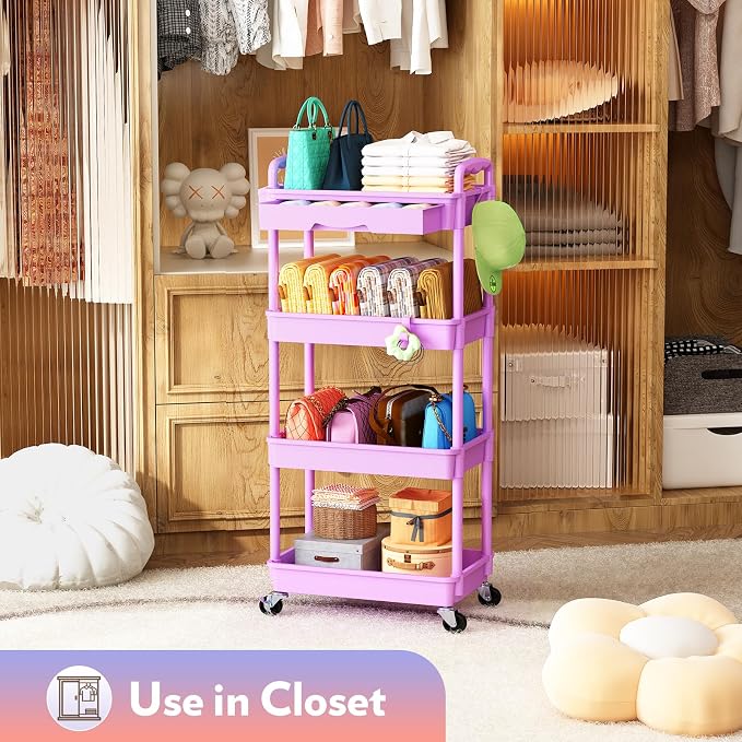 SUNALLY Makeup Cart Organizer with Drawer,4 Tier Rolling Makeup Cart,Purple | Rolling Vanity Storage for Skin Care Perfume Nail Polish, Floor Skincare Organizers Cosmetics Display Bathroom Storage Cart