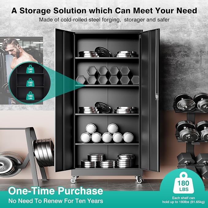Metal Storage Cabinet with Wheels,75 inch Tall Rolling Garage Storage Cabinet with Lock,Black Metal Cabinets with Wheels and Shelves,Deep Heavy Duty Tool Locker for Garage,Home,Office,Shop