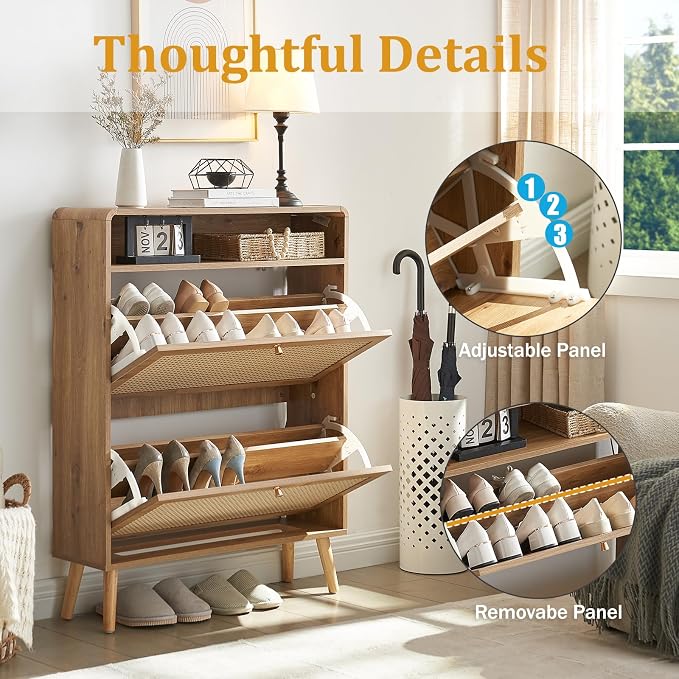 Rattan Shoe Cabinet with 2 Flip Drawers, 16 Pairs Narrow Shoe Storage Cabinet for Entryway Freestanding Hidden Shoe Rack, Modern Slim Wood Shoe Organizer for Hallway, Natural