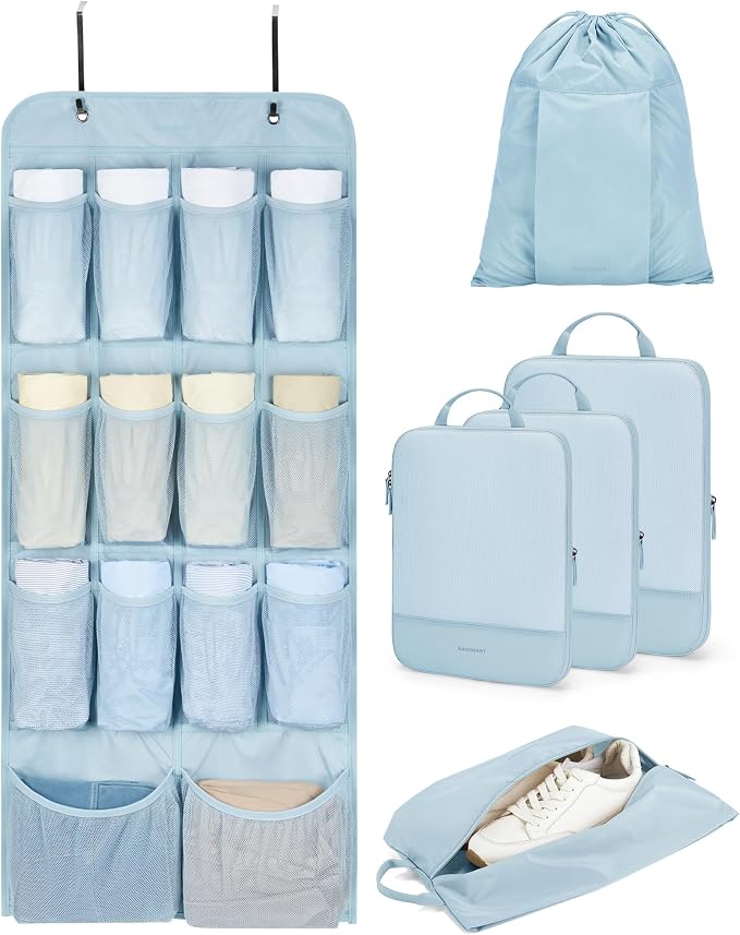 BAGSMART Hanging Compression Packing Cubes 6 Set Cruise Travel Essentials | 3-Fold Space Saving Hanging Shelves, Closet Organizers & Storage, Compressible Suitcase Organizer Bags, Machine Washable Cube