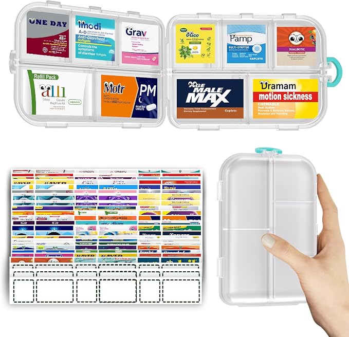 Pill Organizer Travel Medicine Case - Daily Pill Organizer with 144 Labels, Portable Travel Essentials for Medication