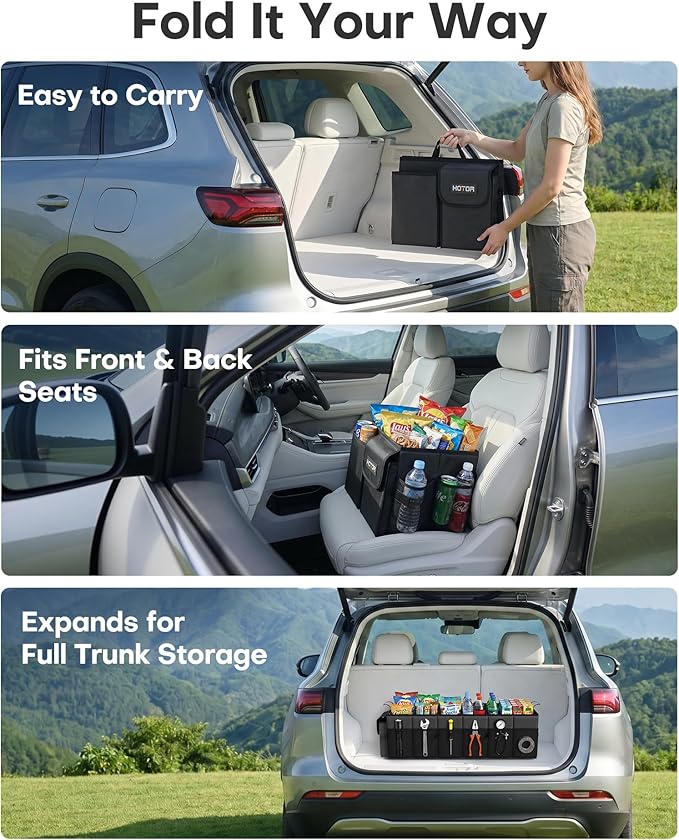 HOTOR Trunk Organizer, Sturdy Foldable with Cooler for Car, Sudan & SUV | Car Organizers and Storage, Detachable Cooler Bag, for Tools, Camping, 3 Compartments, Black, 31.5” x 12.6” x 10.6”