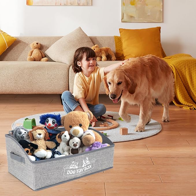 COWOSO Foldable Dog Toy Basket with 3 Handles, Pet Storage Box, White Dogs | Portable Pet Toy Organizer for Dog Toys & Accessories, Low Front Design, Waterproof Collapsible Storage Bin for Living Room