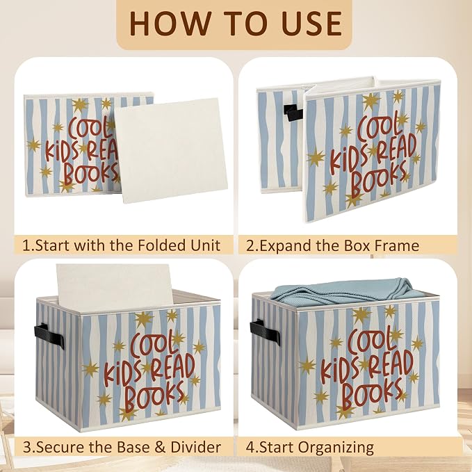 Cool Kids Read Book Classroom Foldable Storage Bins Box with Handles, Reading Corner Nook Decorative Storage Boxes Baskets Toybox Organizer for Library Reading Room Classroom Kids Bedroom